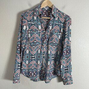 Express Portofino Shirt Womens XS Slim Paisley Button Up Blouse Roll Tab Sleeve